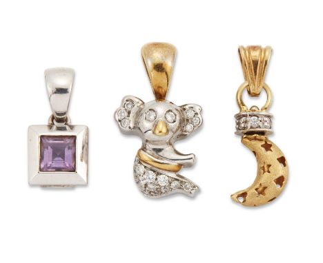 Three diamond and gem set pendants, comprising a&nbsp;pav&eacute; diamond koala bear; a square-cut amethyst single stone; and