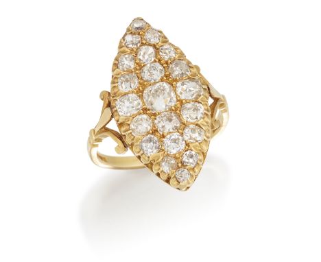 An 18ct gold diamond marquise cluster ring, the navette shaped head grain and claw set with old cut diamonds, to fleur-de-lys