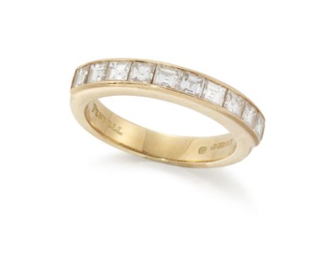 Theo Fennell. An 18ct gold square cut diamond half eternity ring, of channel set design, signed Fennell, TF, London hallmarks