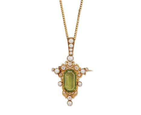 An early 19th century peridot, diamond and half pearl brooch/pendant, the octagonal step cut peridot approximately 18 x 10mm,
