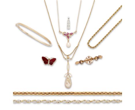 A group of jewellery, including: a 9ct gold fancy link bracelet, Sheffield import hallmarks, length 18cm; a 9ct gold hollow b