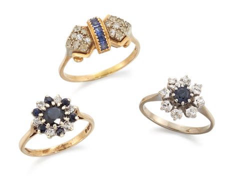 A group of three sapphire rings, comprising: a sapphire and single cut diamond cluster ring, ring size L½; an Italian sapphir