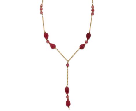 A dyed bead necklace,&nbsp;with facetted dyed beads strung on wire and joined by lengths of rope link chain, to bolt ring cla