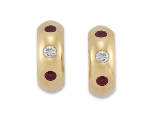 Theo Fennell. A pair of 18ct gold ruby and diamond earrings, of hoop design, each set with two rubies and a single brilliant-