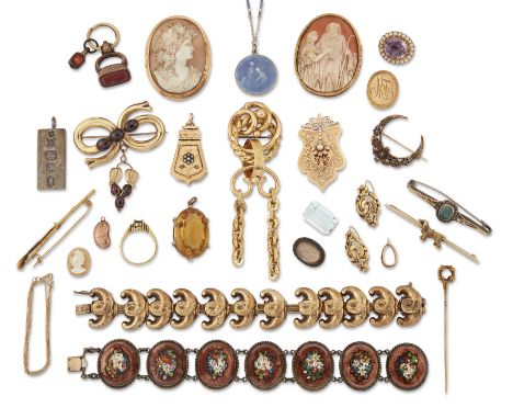 A group of jewellery, including: a French gold brooch with chain tassels, French assay marks; a French 18ct gold half pearl s
