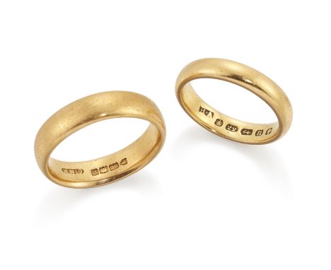 Two 22ct gold wedding rings, London hallmarks, 1908, and Birmingham hallmarks, 1887, ring sizes P, K½ (2)Condition Report:  G