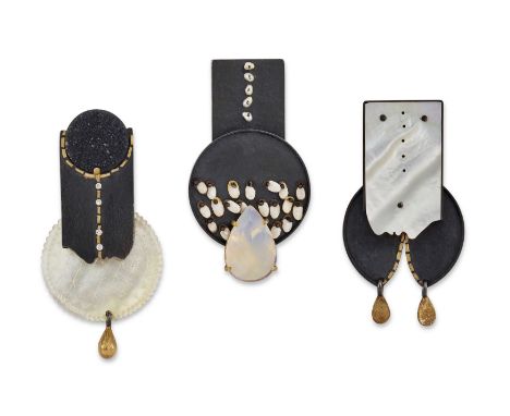 Zoe Arnold. A set of three sterling silver 'Moon' earrings, of varying design, incorporating brilliant cut diamonds, cultured