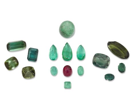 A group of unmounted gemstones, comprising: three pear cut emeralds, approximately 12.0 x 6.4 x 2.9mm, 1.3 carats, 10.2 x 5.5