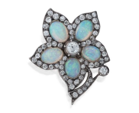 A late 19th century opal and diamond brooch, of flowerhead design composed of five opal and old-brilliant-cut diamond cluster