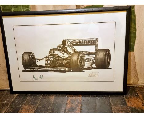 A signed Damon Hill, Peter Ratcliffe legends in time Formula One print, by artist Alan Stammers in ebonised frame. 266 of 750