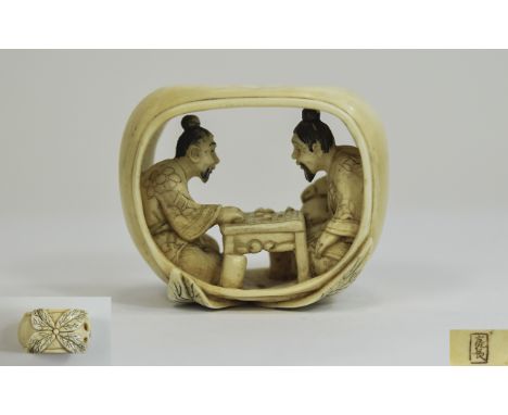 Japanese - Signed Late 19th Century Carved Ivory Netsuke, Finely Carved Netsuke Depicting Two Old Men Seated on Either Side o