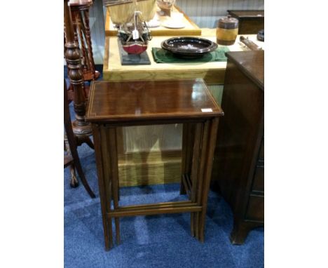 Edwardian Set of 3 Inlaid and Banded Graduated Side Tables, In Mahogany. Very Nice Condition and Quality. Height of Tallest T