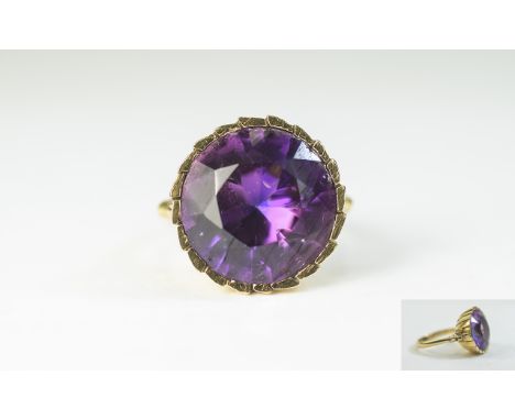 14ct Gold Set Single Stone Amethyst Ring. The Large Amethyst of Excellent Colour and Clarity. Est 10 cts. Ring Size - N-0. 8.