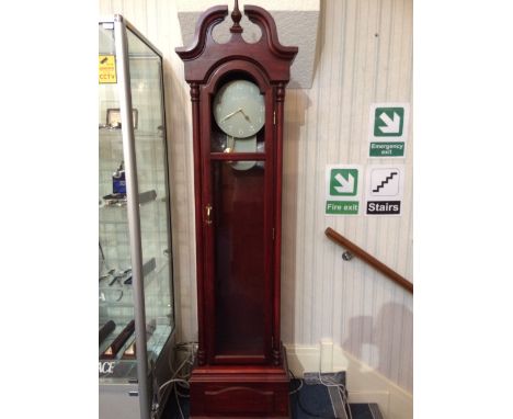 Modern Reproduction Grandfather Clock Pale grey plastic/resin exposed face. Plastic/resin body to resemble dark cherrywood. G