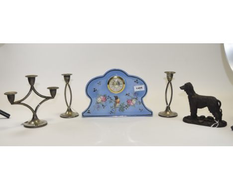 Miscellaneous Collectibles comprising retro china clock with bird and flower by Precista (ticks), Heredities dog, and three s