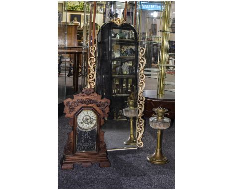 Long Rectangular Mirror, Oil Lamp and Large Mantle Clock Fancy distressed gold and cream scroll moulded mount. Approx dimensi
