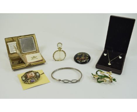 Small Mixed Lot Comprising Mother of Pearl heart shaped necklace and earring set, silver bangle, musical compact, scent bottl