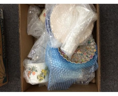 Box of Miscellaneous Pottery, Collectables and Glass comprising Wade Advertising Ashtray, Chintz plates, Imari style vases, d