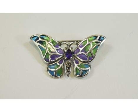 Silver Enamel Butterfly Brooch Pretty brooch with central violet stone and multi-colour enamel wing design 