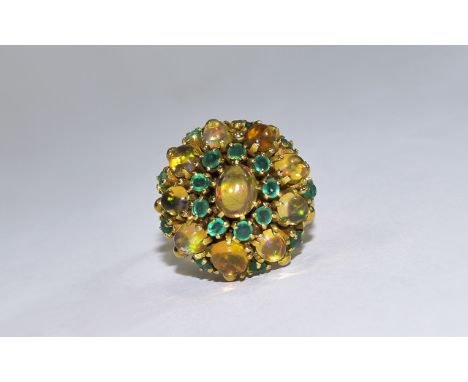 15ct Gold - Fine Quality Emerald and Fire Opal Cluster Ring with Flower head Setting. Attractive and Very Well Made Ring From