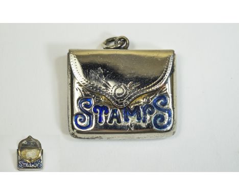 Enamel Stamp Box Pretty envelope design with hinged closure and blue enamelled 'Stamps' to front
