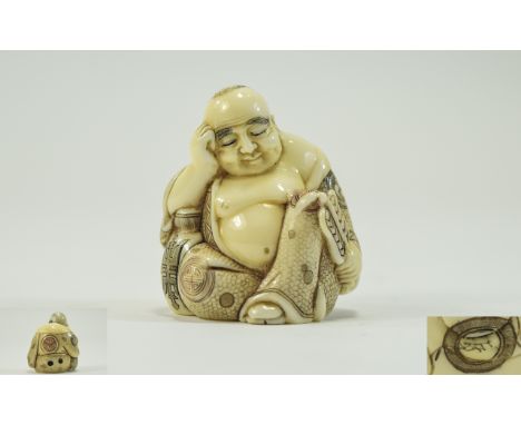 Japanese Very Finely Carved and Silver 19th Century Ivory Netsuke of Sleeping Buddha In a Seated Position, Signed to Undersid