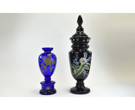 Large Victorian Vase & Cover with enamel floral decoration height around 22", together with a Bristol blue glass vase with re