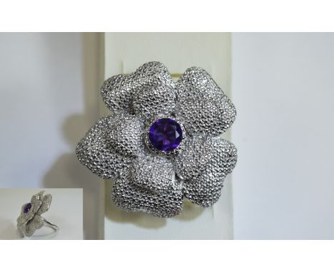 Floral Amethyst Set Statement Ring, two layers of textured, curved petals, coated in platinum, form the dramatic large flower