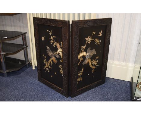 Japanese Fire Screen Decorative wood 2 panel fire screen with blossom and bird design to panels. Some attention required.