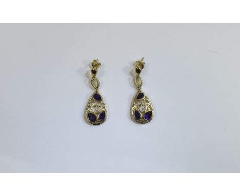 Amethyst Openwork Drop Earrings, deep, rich purple pear cut amethysts of 2.75cts, set in 14ct gold vermeil and silver openwor