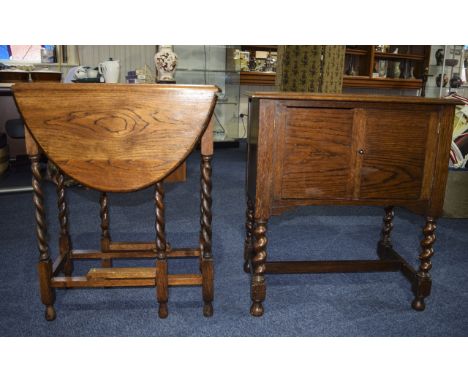 A Pair of Early 20th Century Barley Twist  Pieces of Furniture. The first one a small oak drop leaf table, the second a small