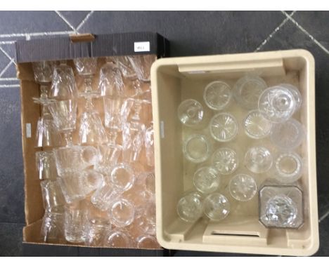 Two Boxes Of Cut Glass Comprising Various Size Tumblers, Wine Glasses, Decanter etc