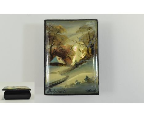 Fine Quality Rectangular Russian Lacquer Table Box hand painted depicting winter featuring country house and finely painted t