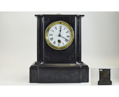 Victorian Black Marble Shaped Mantel Clock with 8 Day Movement, White Porcelain Dial, Black Numerals. Working with Key. 11 In