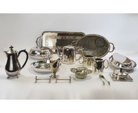 Collection of Silver Plate Comprising 2 x  twin handled galleried trays, 2 lidded tureens,cream jugs, 3 piece tea service, bo