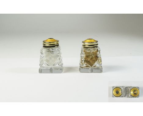 Norway - Very Fine Silver Gilt and Enamel Topped Cut Glass Pair of Salt and Pepper Pots. Marked Sterling 925, Norway. Each St