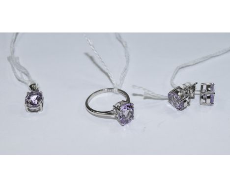 Rose de France Amethyst Three Piece Set of Jewellery, comprising a ring, pair of stud earrings and a pendant, each set with s