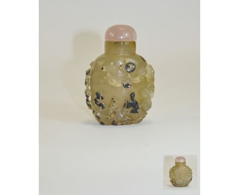 Chinese Early 20th Century Jade Snuff Bottle with Rose Quartz Cover. Interesting Item. 3.75 Inches. 