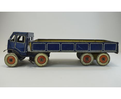 Mettoy Articulated Open Lorry - dark blue cab, chassis and trailer, opening rear tailgate, tinplate "Dunlop Fort" balloon tyr