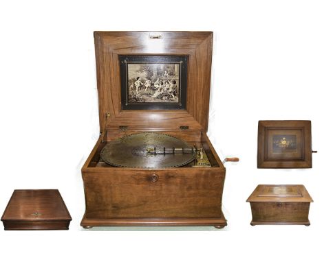 Walnut Cased Fine Quality Table Top Polyphon Music Box, Playing 15.75 Inches Metal Discs, Mar, Work to Cover. Comb as 78 Teet