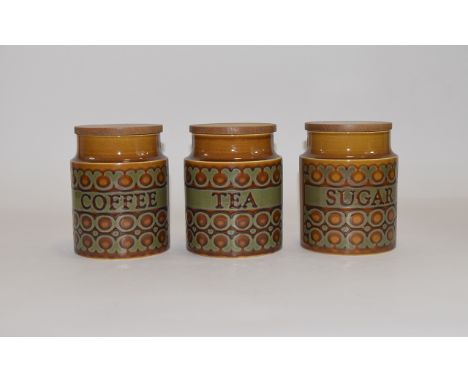 Hornsea Set of Lidded Treacle Glazed Ceramic Storage Jars for Coffee, Tea and Sugar ' Brontee ' Design. Sealed Covers, Each J