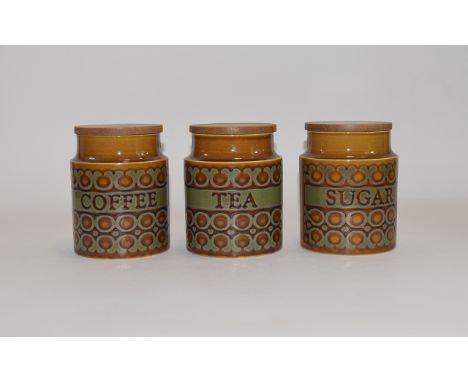 Hornsea Set of Lidded Treacle Glazed Ceramic Storage Jars for Coffee, Tea and Sugar ' Brontee ' Design. Sealed Covers, Each J