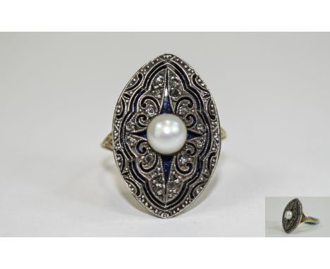 Antique - Very Fine Gold Set Marquise Shaped Diamond and Pearl Dress Ring. The Fine Filigree Work Set on Enamel, Then Set wit