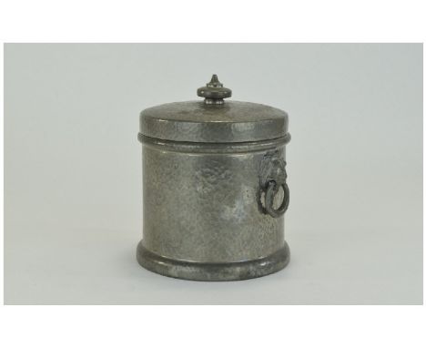Unity Pewter Biscuit Barrel/Tobacco Jar Pull Off Lid, Planished Body With Two Lion Mask And Ring Handles, Height 7 Inches