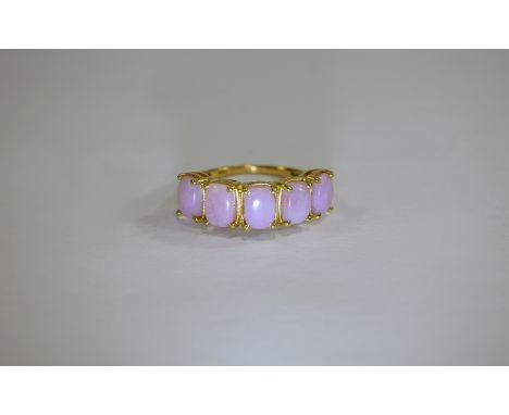 Pink Opal Five Stone Ring, five elongated cushion cut pink opals set in a row across the finger, in gold vermeil and silver; 