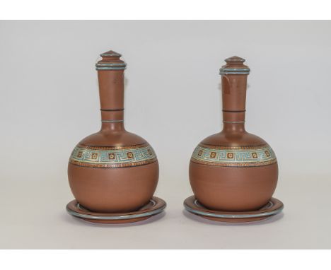 Christopher Dresser Designed Aesthetic Pair of Terra-Cotta Bottle Shaped Lidded Vases and Stands. c.1880's. Greek Key with En