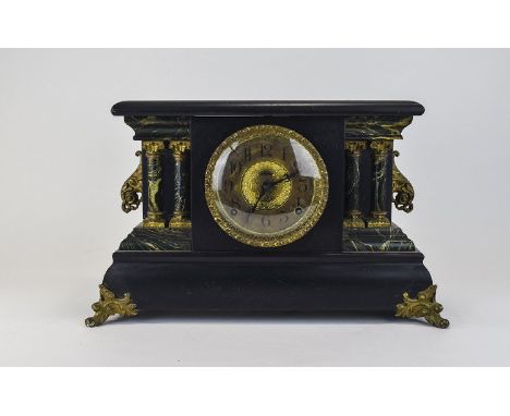 Ornate Decorative Mantle Clock.  Slight crack on glass dial, Arabic numerals. In the style of Corinthian Columns to side. 11 