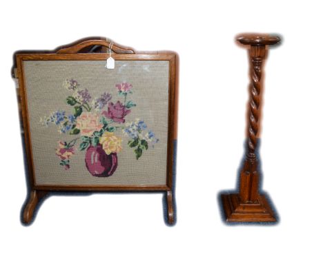Antique Oak Cased Fire Screen with Floral Sampler to Panel with Handle. 24 Inches High & 21 Inches Wide + a Golden Oak Barley