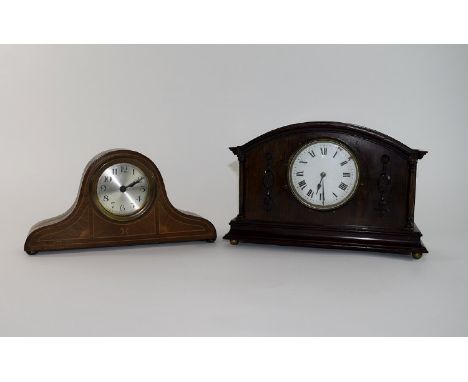A Good Pair of Oak Cased Early 20th Century French and English 8 Day Mantle Clocks, The Napoleon Shaped Hat Mantel Clock with