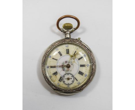 Antique Silver Pocket Watch Some damage to face, pretty cream dial with floral detail